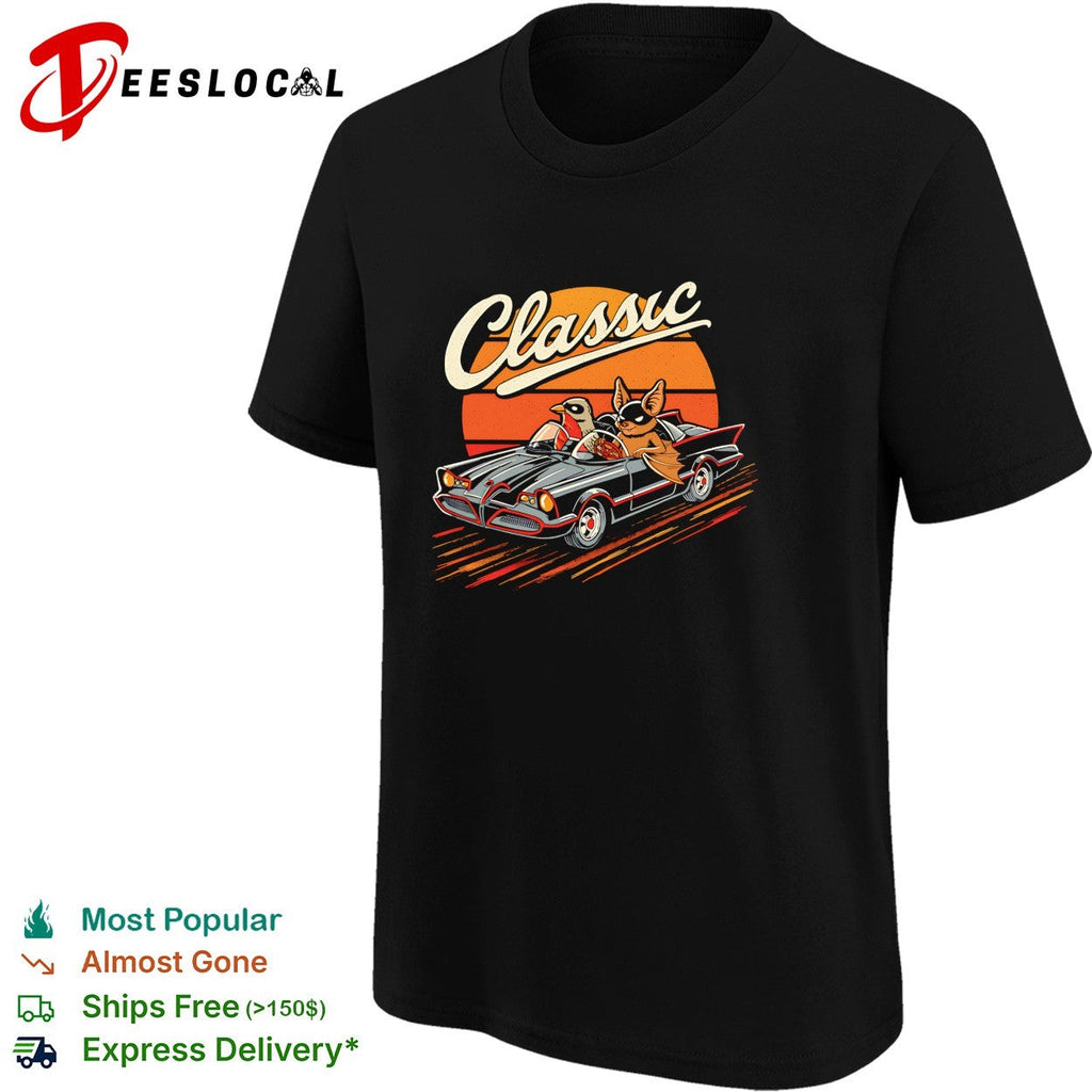 Classic Car Duo A bat and a robin in their hero mobile vintage shirt Unisex