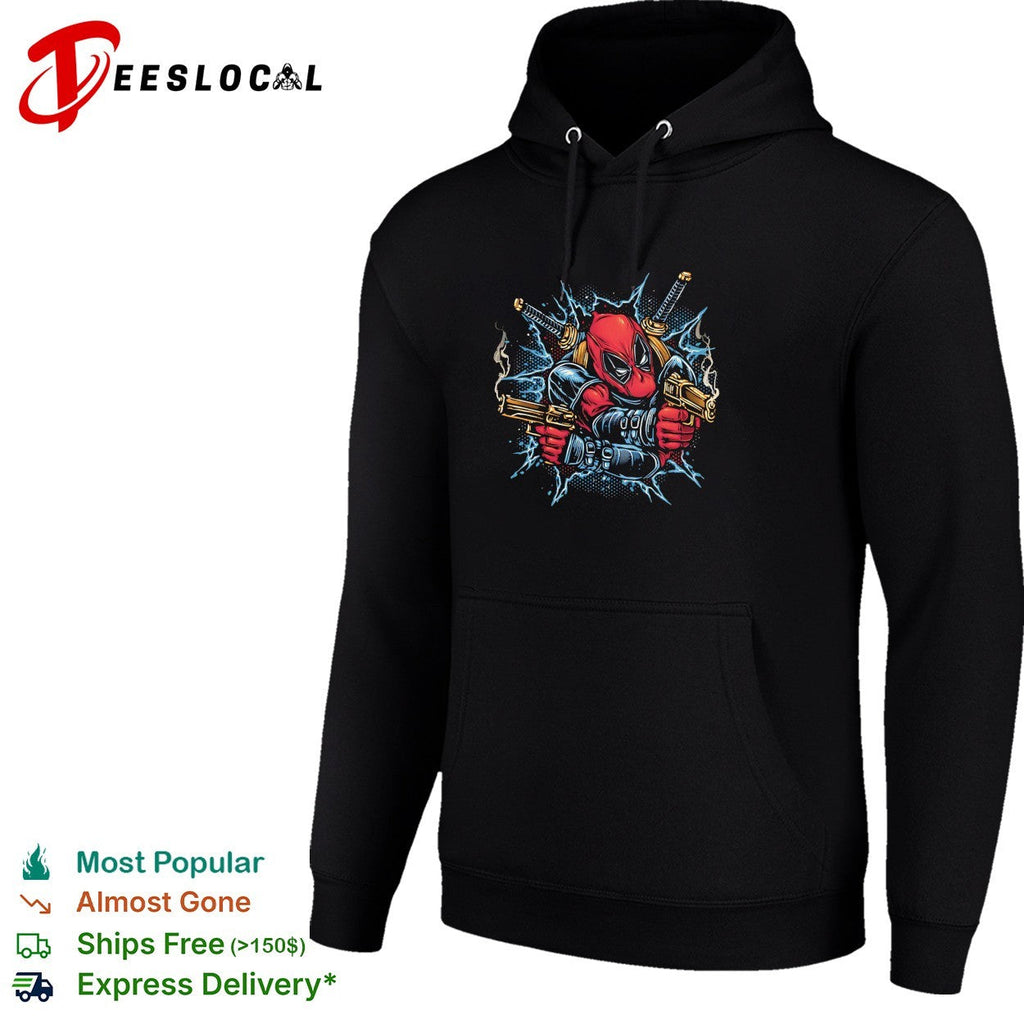 Deadpool dual pistols katanas lightning action burst comic art shirt Unisex