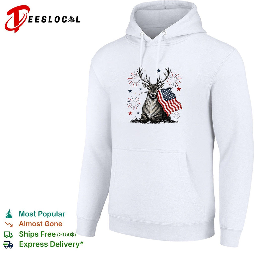 Deer holding USA flag fireworks 4th of July patriotic shirt Unisex