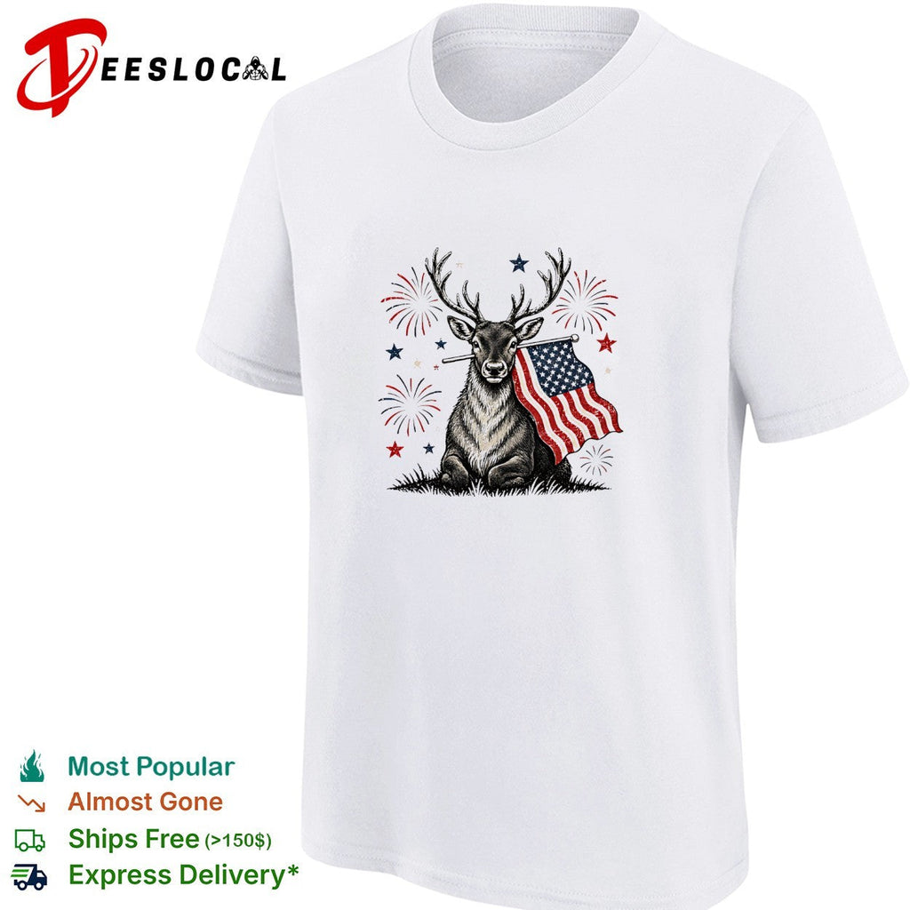 Deer holding USA flag fireworks 4th of July patriotic shirt Unisex