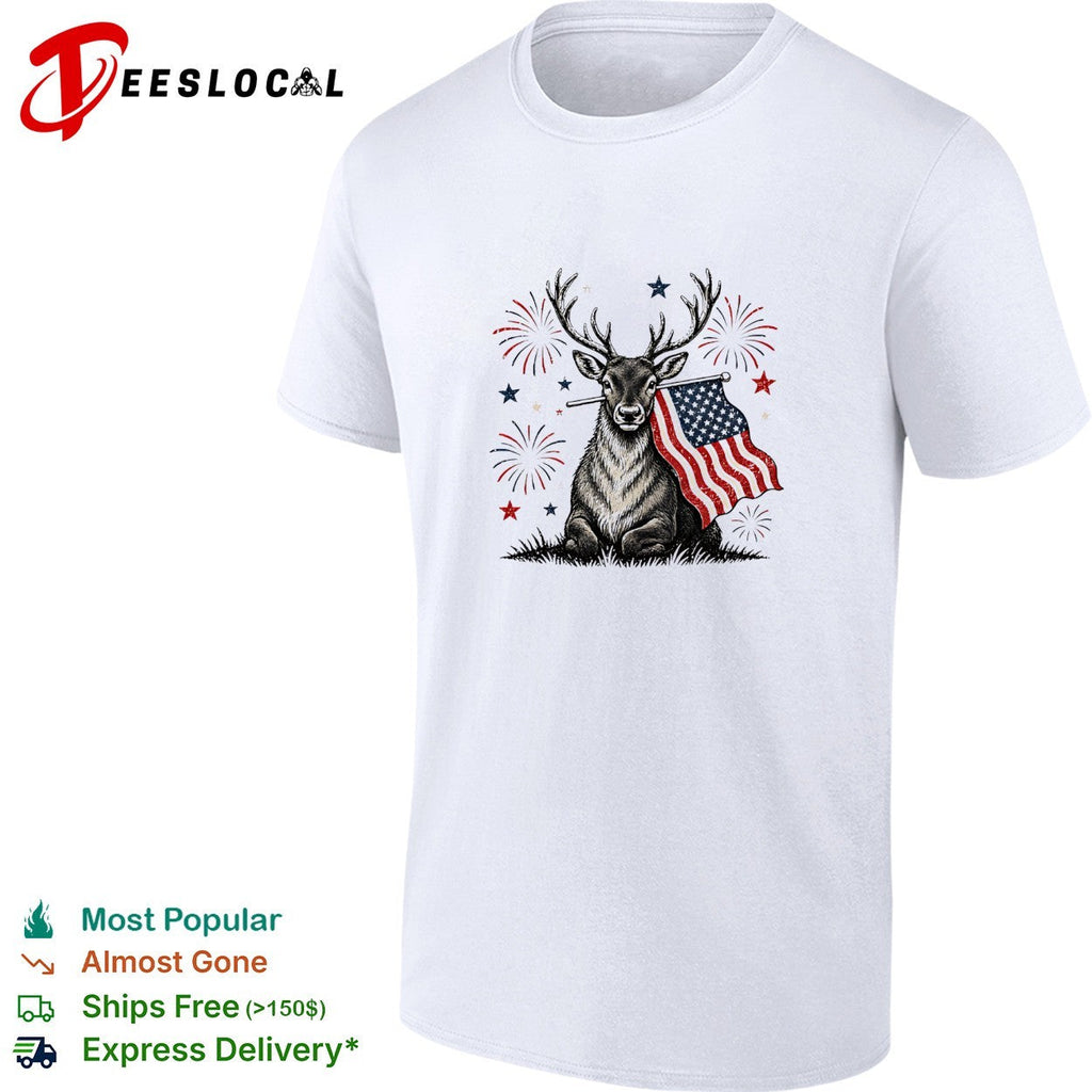 Deer holding USA flag fireworks 4th of July patriotic shirt Unisex