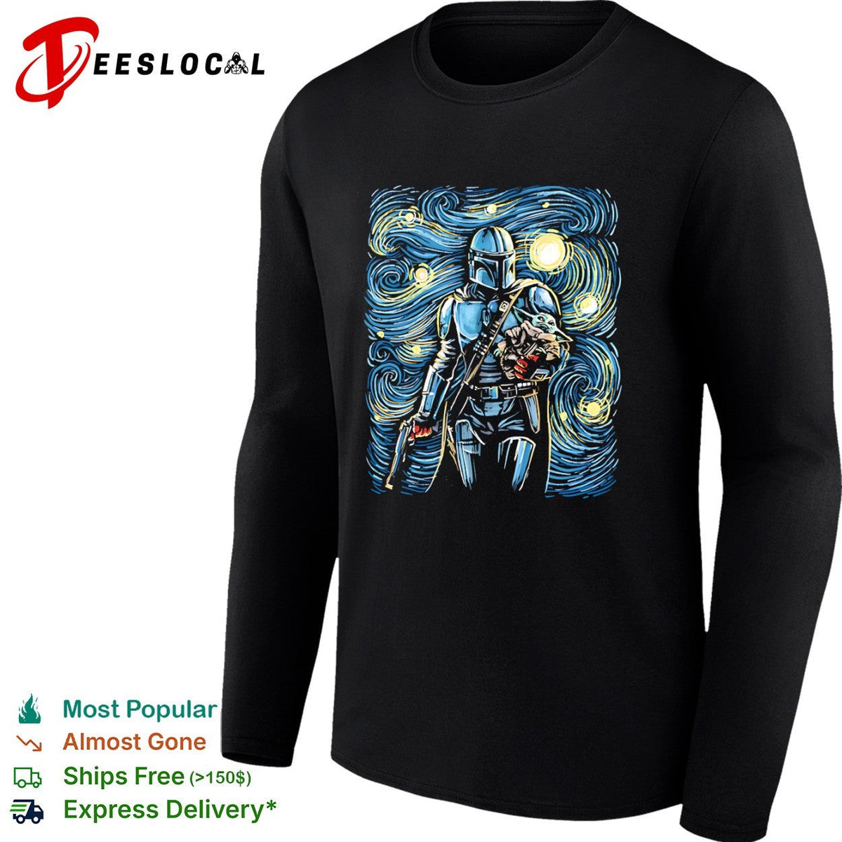 Din Djarin and Din Grogu in the style of Van Gogh’s Starry Night shirt Unisex