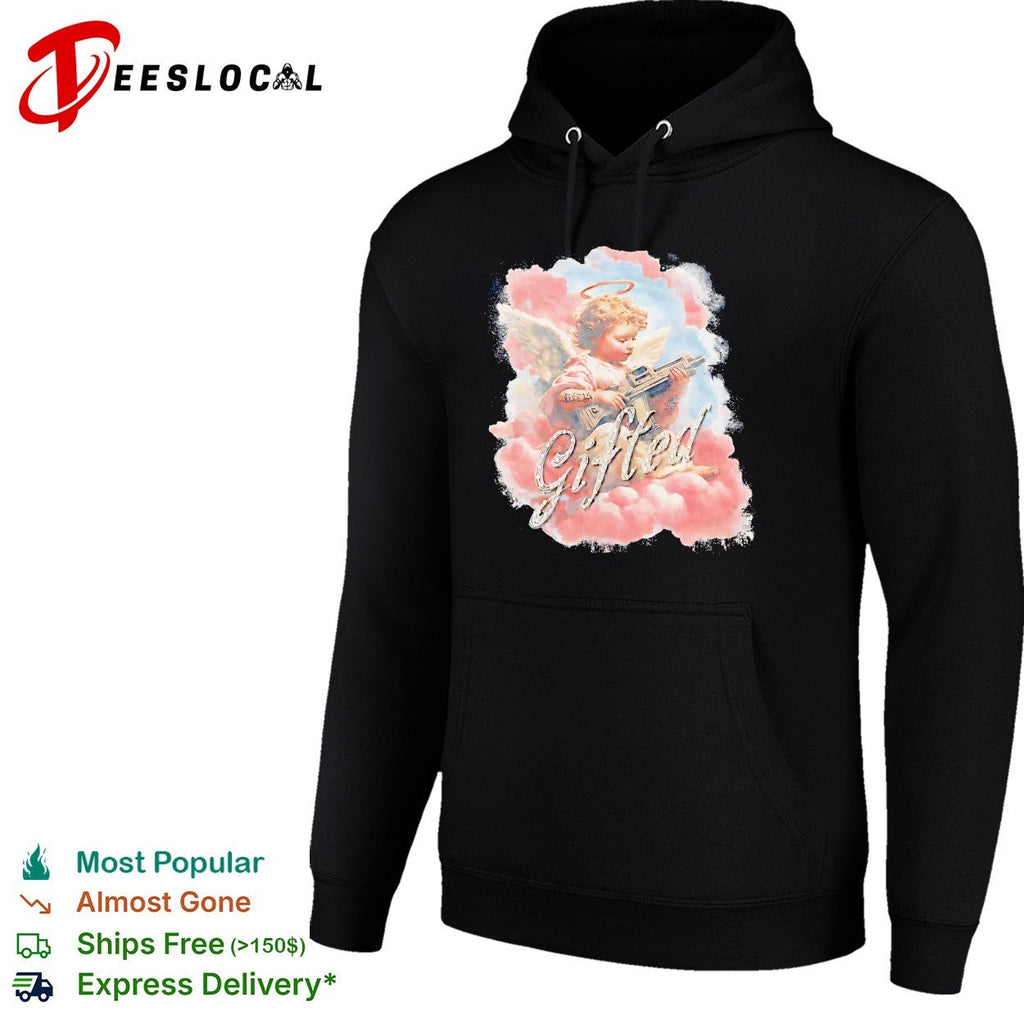 Gifted Cherub with Halo and Submachine Gun GFTD LA Black Airbrushed Aesthetic shirt Unisex