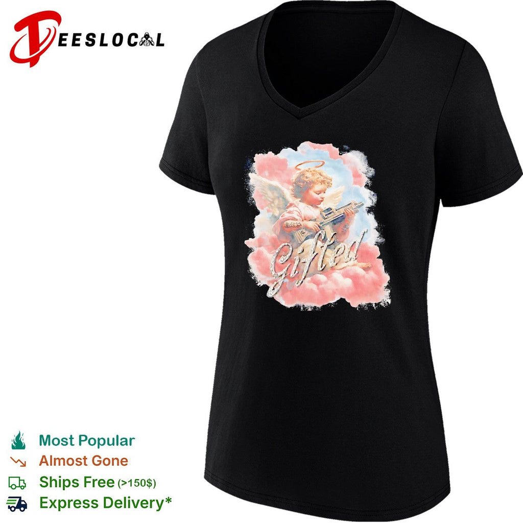 Gifted Cherub with Halo and Submachine Gun GFTD LA Black Airbrushed Aesthetic shirt Unisex