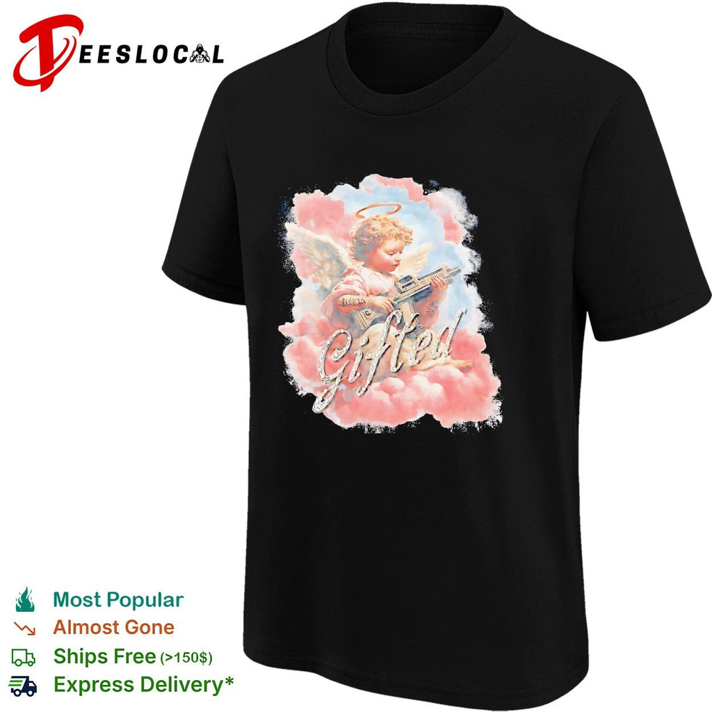 Gifted Cherub with Halo and Submachine Gun GFTD LA Black Airbrushed Aesthetic shirt Unisex