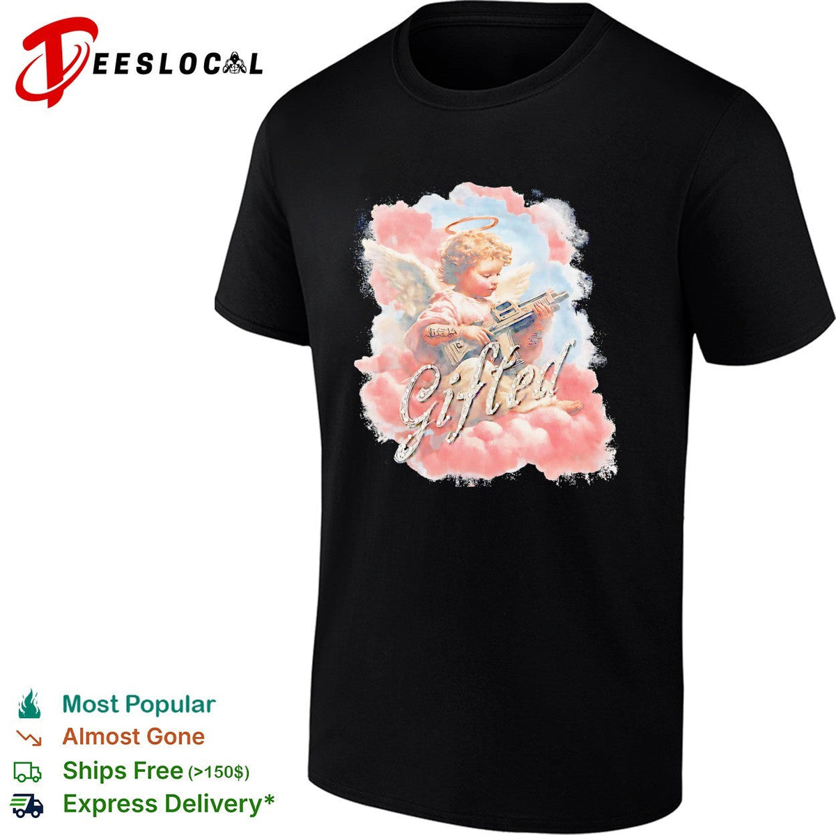 Gifted Cherub with Halo and Submachine Gun GFTD LA Black Airbrushed Aesthetic shirt Unisex