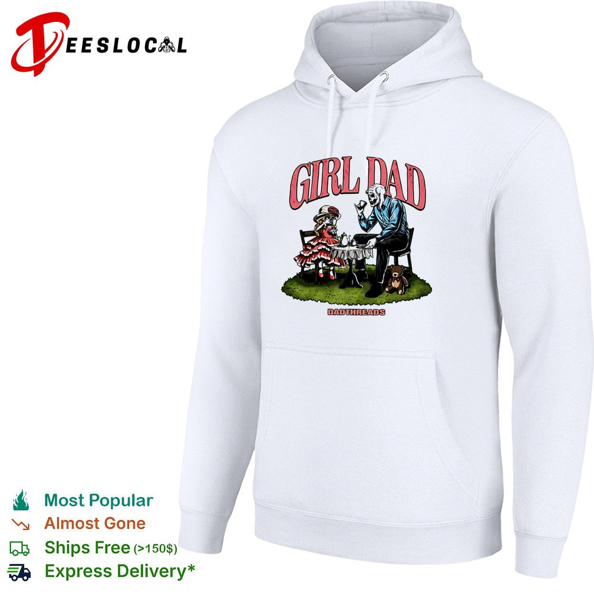 Girl Dad skeleton and child tea party illustration Dadthreads brand graphic shirt Unisex