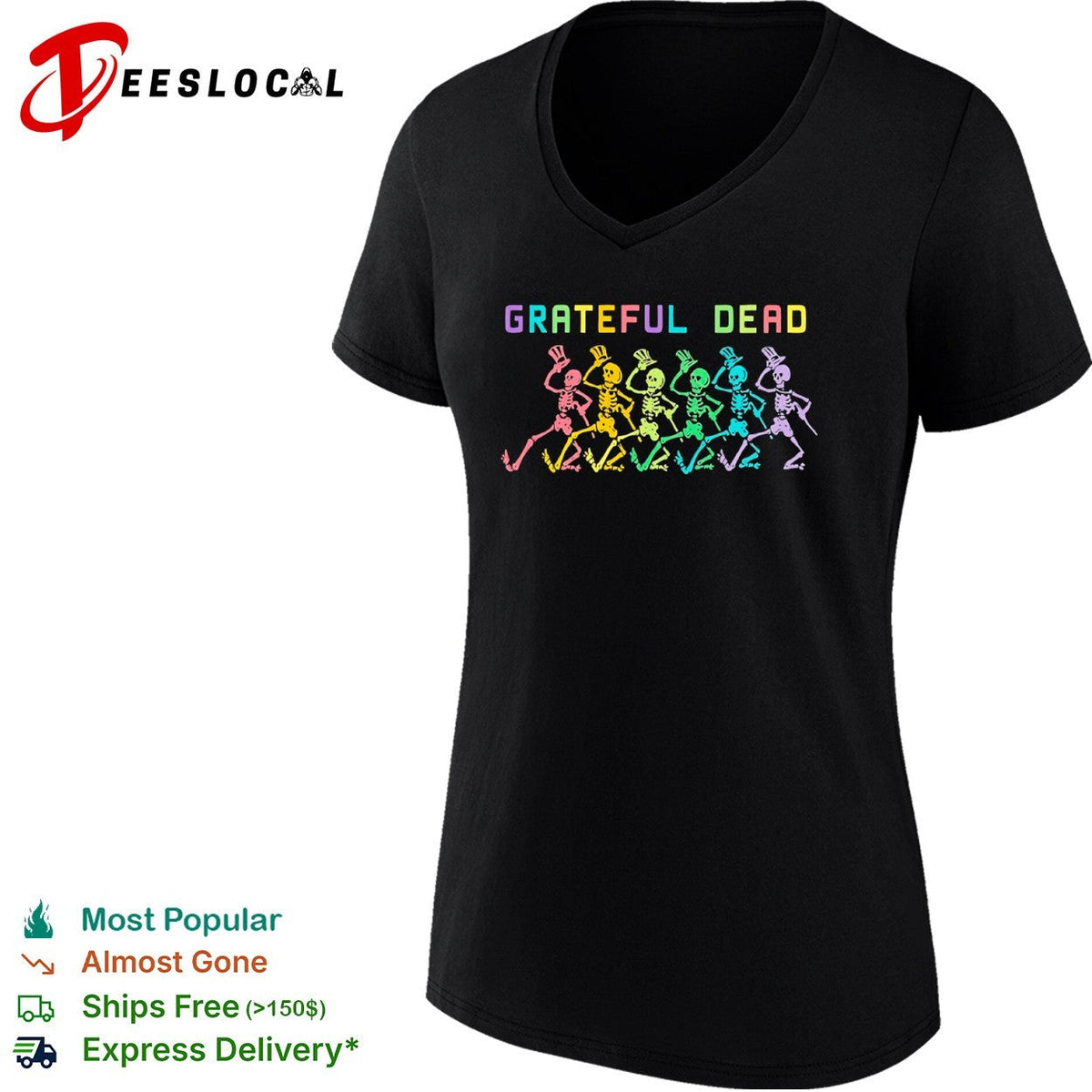 Grateful Dead Dancing Skeletons Rainbow Logo Band Music shirt Unisex