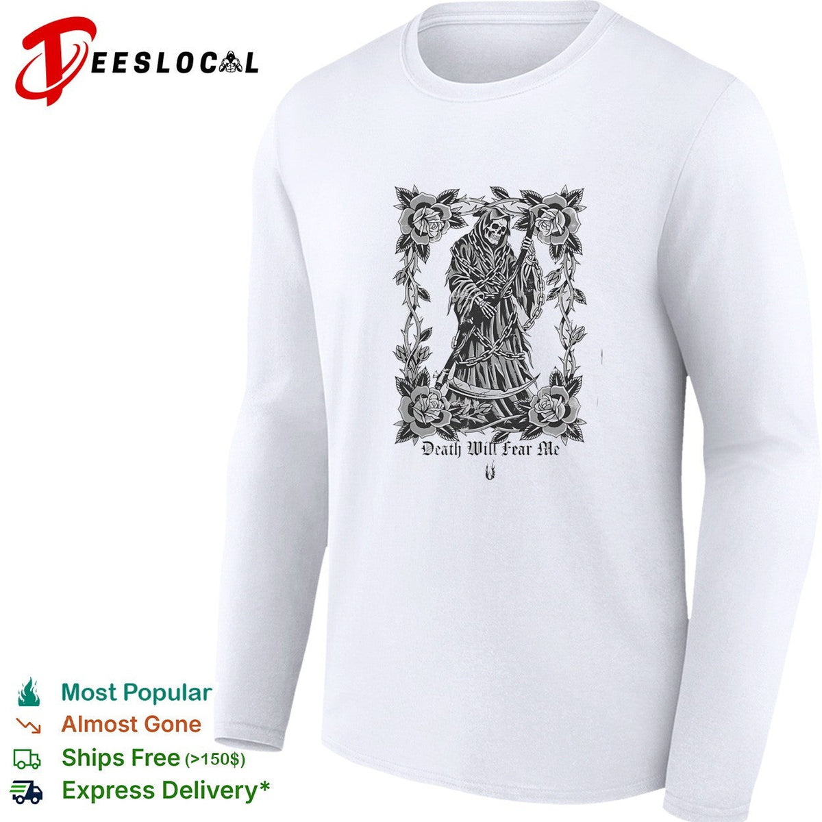 Grim Reaper death will fear me rose thorn chain gothic horror skeleton art shirt Unisex