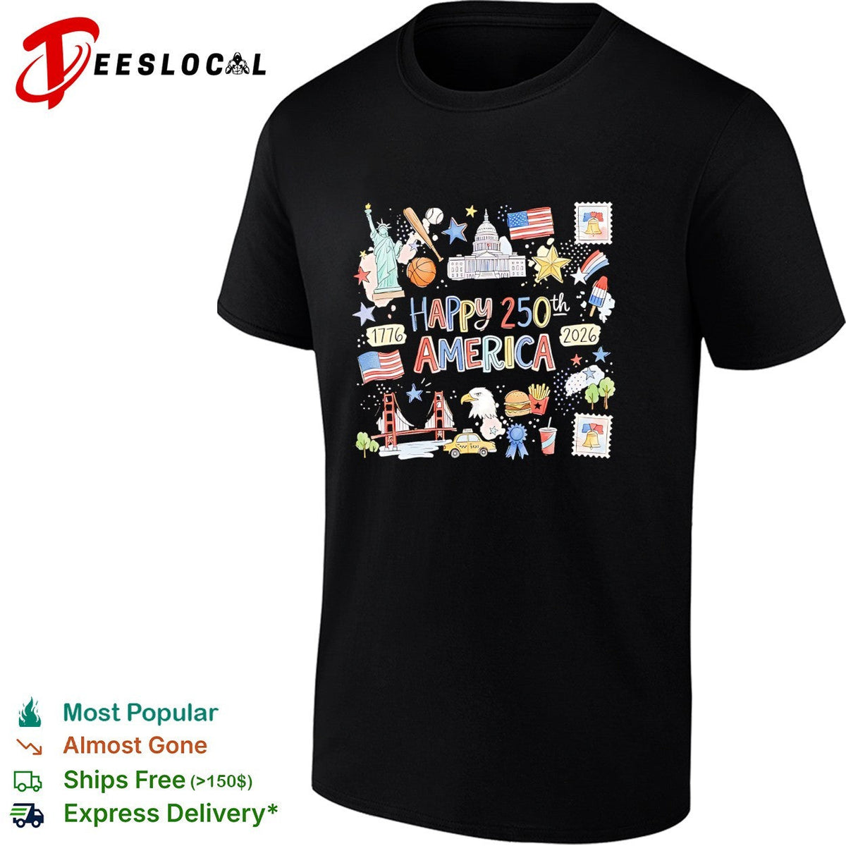 Happy 250th America 1776 2026 patriotic icon collage Statue of Liberty eagle shirt Unisex