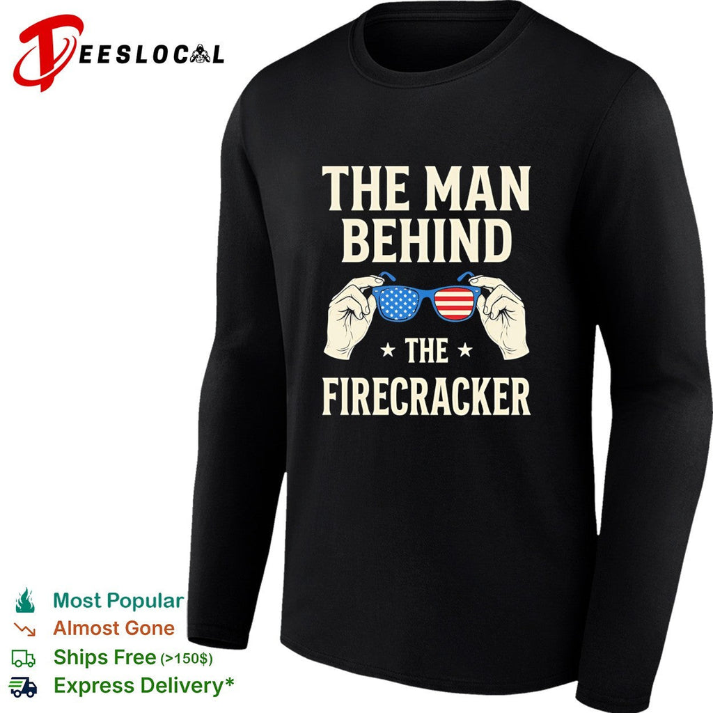 Holding sunglasses with USA flag pattern the man behind the firecracker retro shirt Unisex