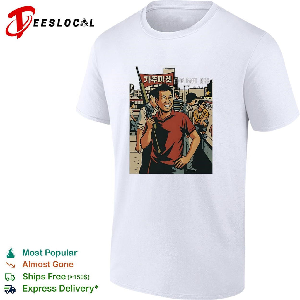 Korean American street scene man with rifle urban graphic art shirt Unisex