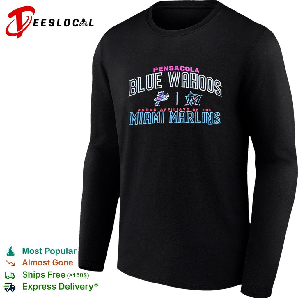 Pensacola Blue Wahoos vs Miami Marlins proud affiliate of the team logos shirt Unisex