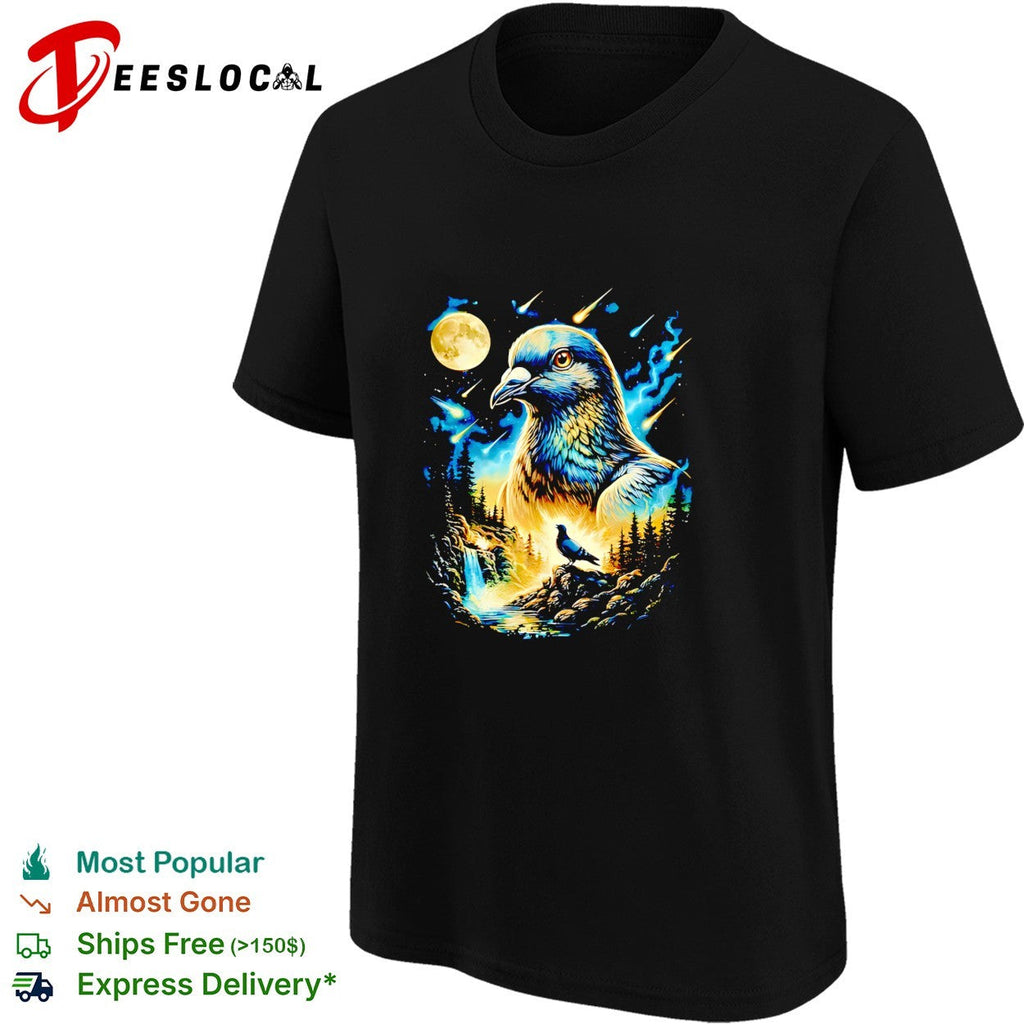 Pigeon bird galaxy moonlit night sky art shirt Unisex