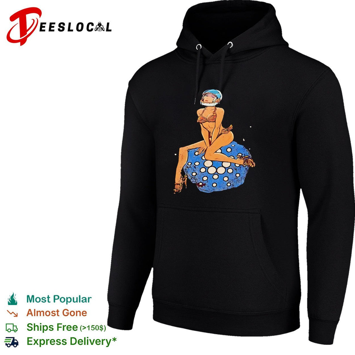 Pinup woman in astronaut helmet sitting on disco ball moon shirt Unisex