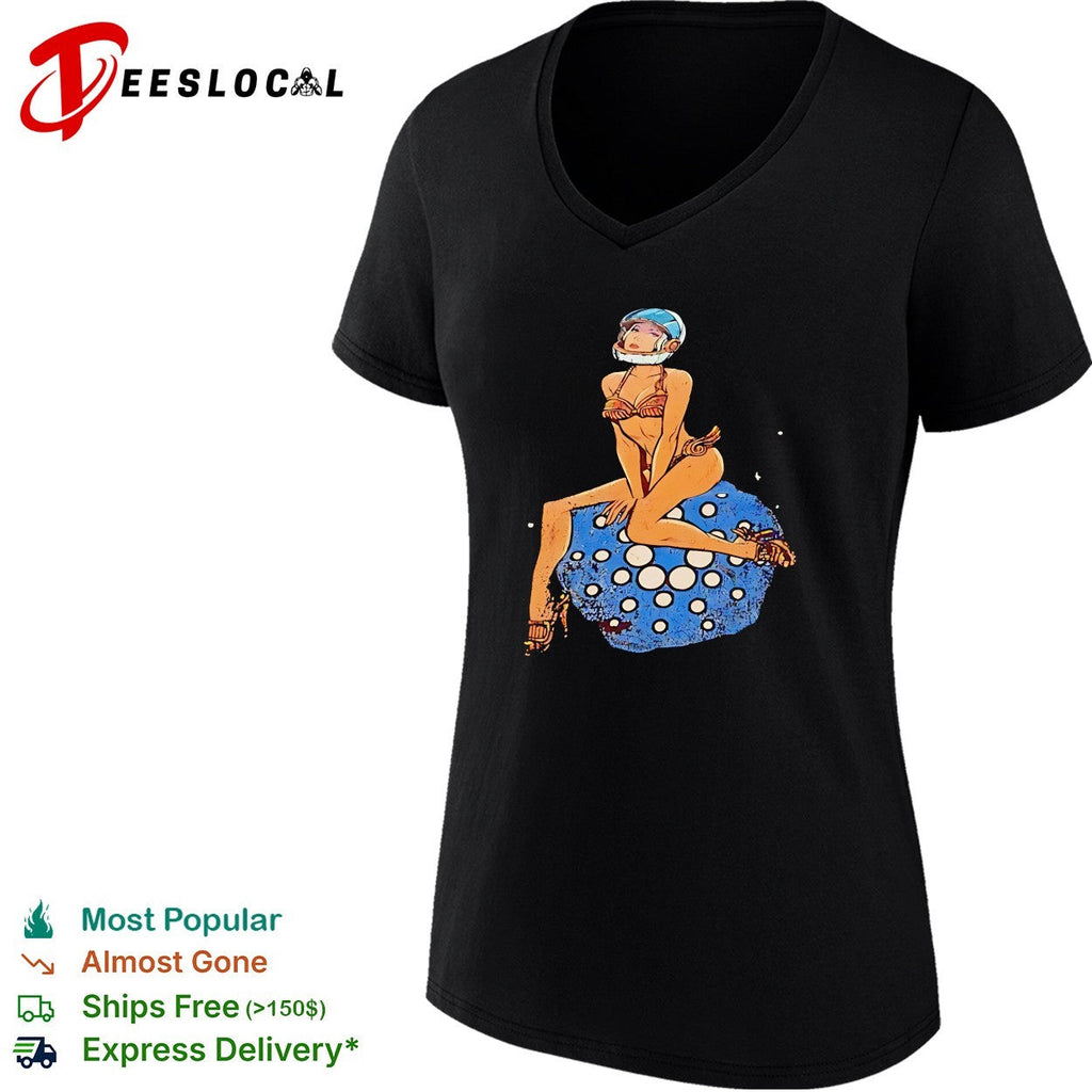 Pinup woman in astronaut helmet sitting on disco ball moon shirt Unisex