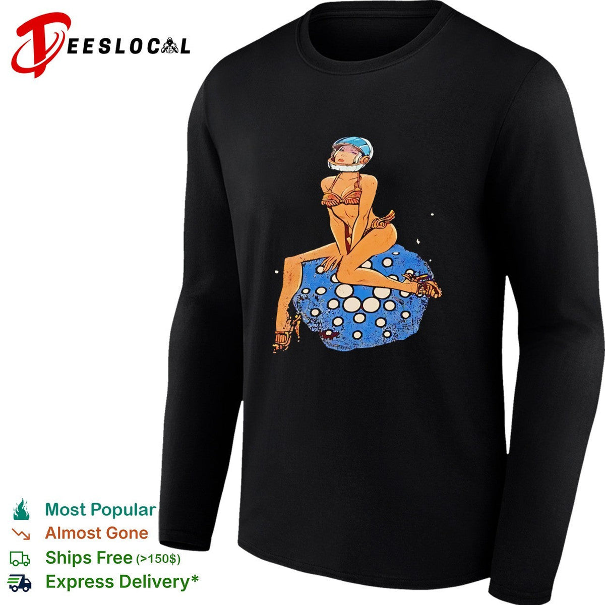 Pinup woman in astronaut helmet sitting on disco ball moon shirt Unisex