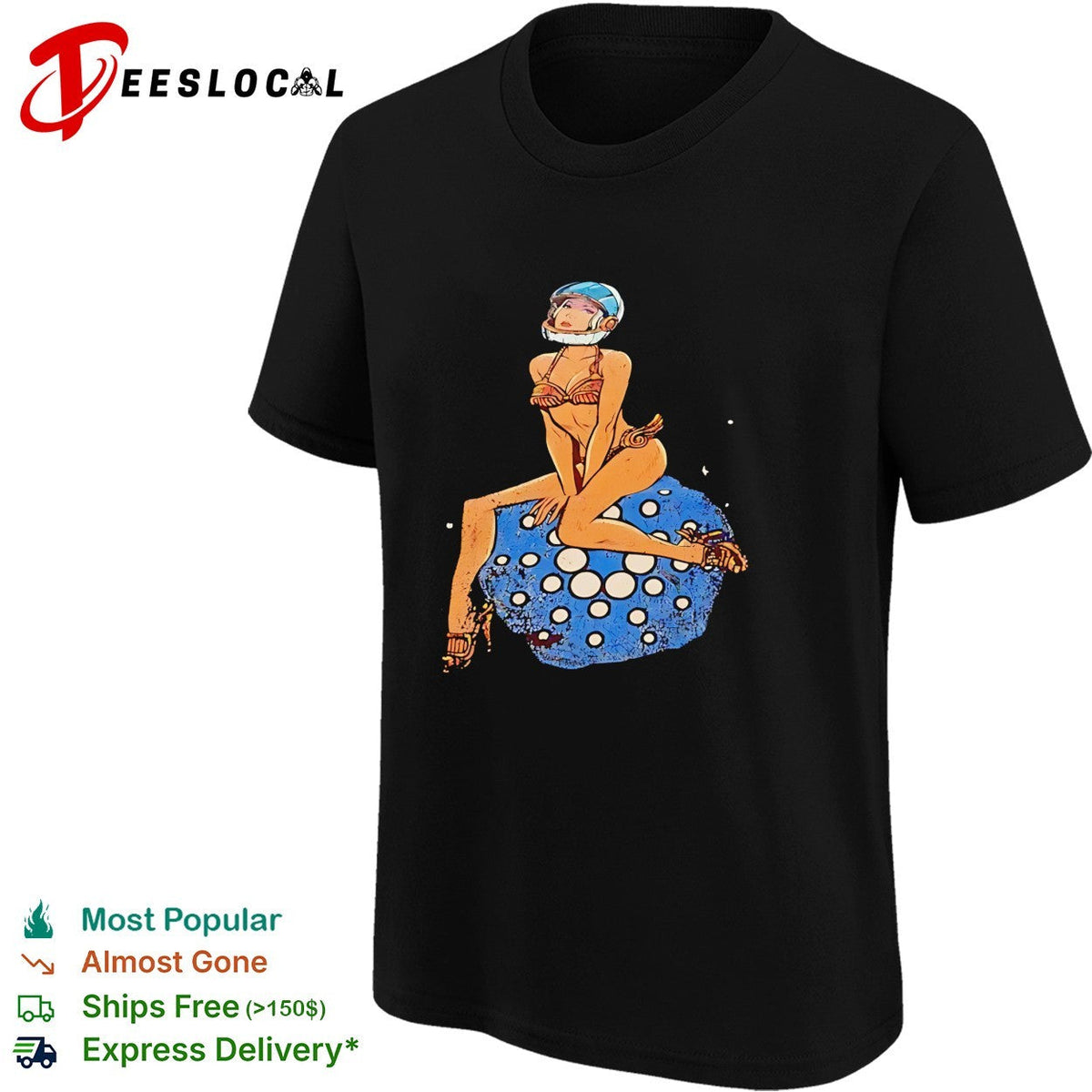 Pinup woman in astronaut helmet sitting on disco ball moon shirt Unisex