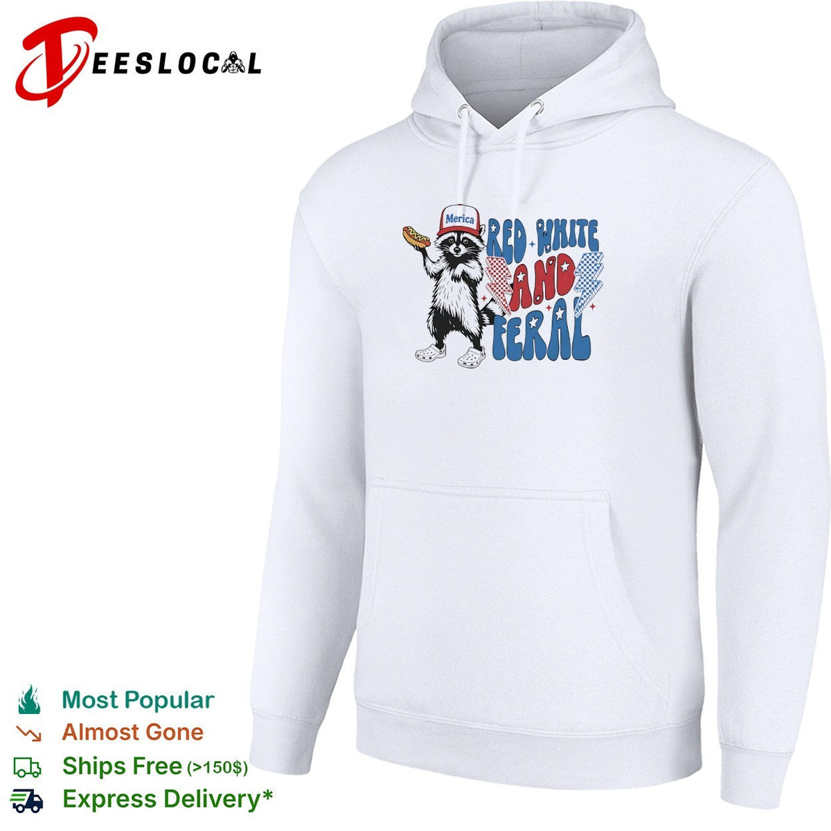 Red white and feral raccoon holding hotdog Merica cap lightning bolts patriotic shirt Unisex