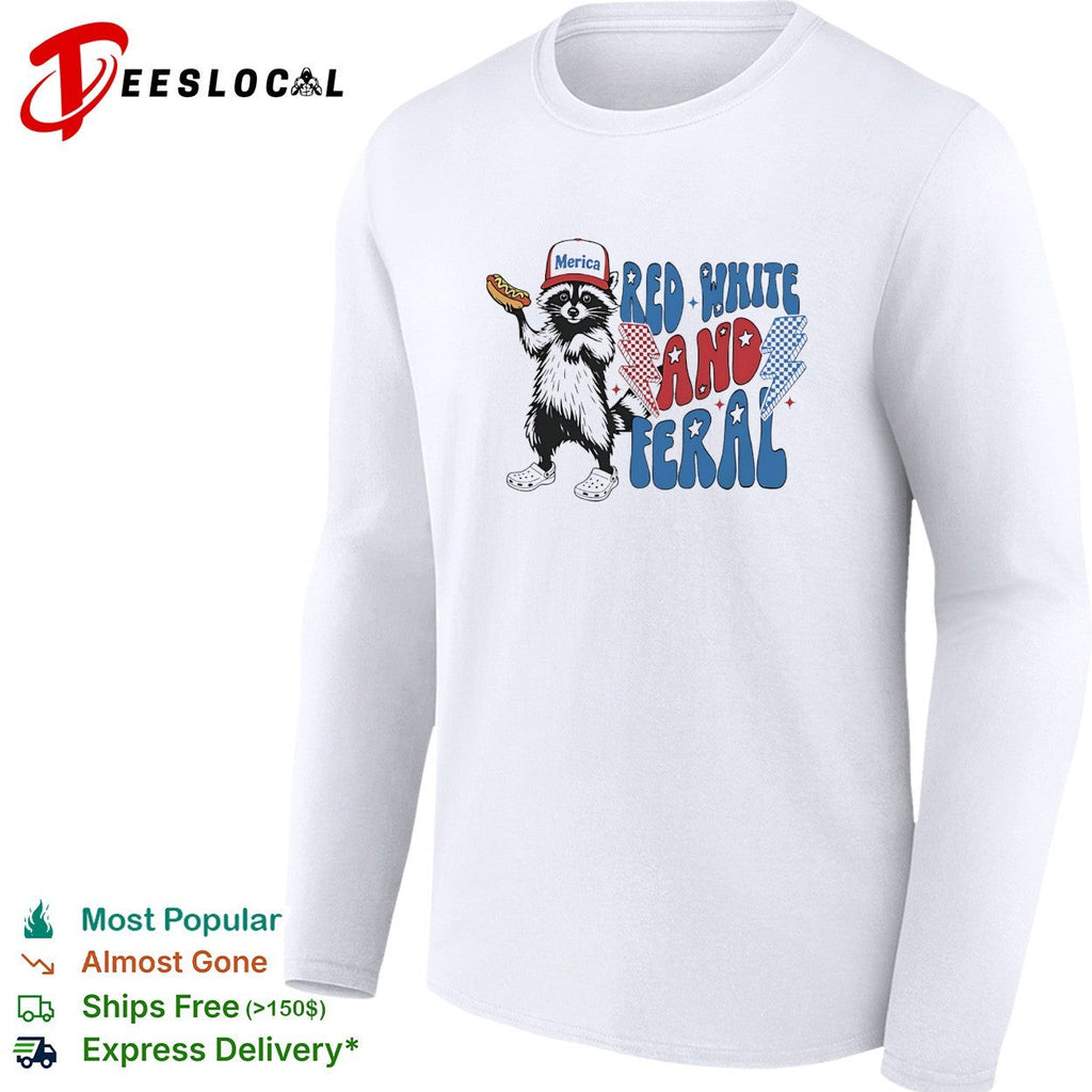 Red white and feral raccoon holding hotdog Merica cap lightning bolts patriotic shirt Unisex
