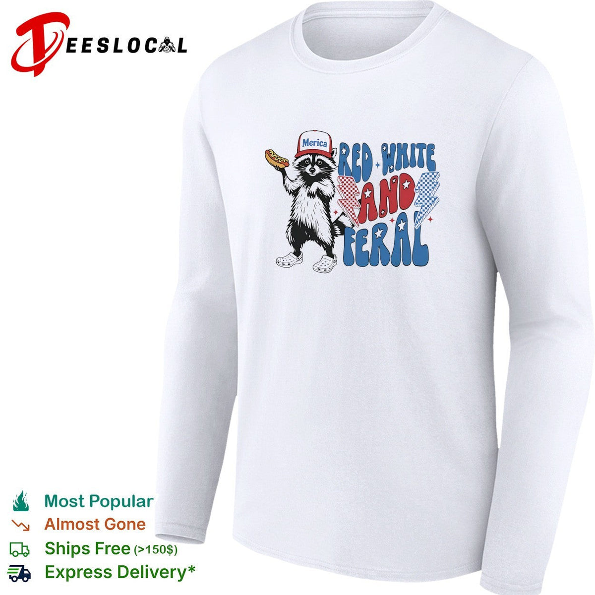 Red white and feral raccoon holding hotdog Merica cap lightning bolts patriotic shirt Unisex
