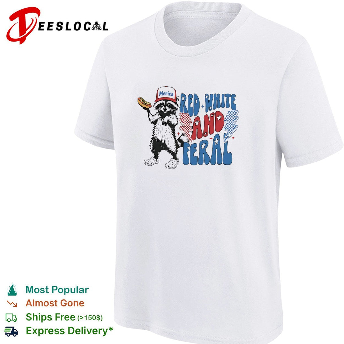 Red white and feral raccoon holding hotdog Merica cap lightning bolts patriotic shirt Unisex