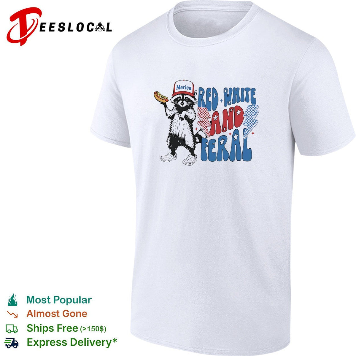 Red white and feral raccoon holding hotdog Merica cap lightning bolts patriotic shirt Unisex