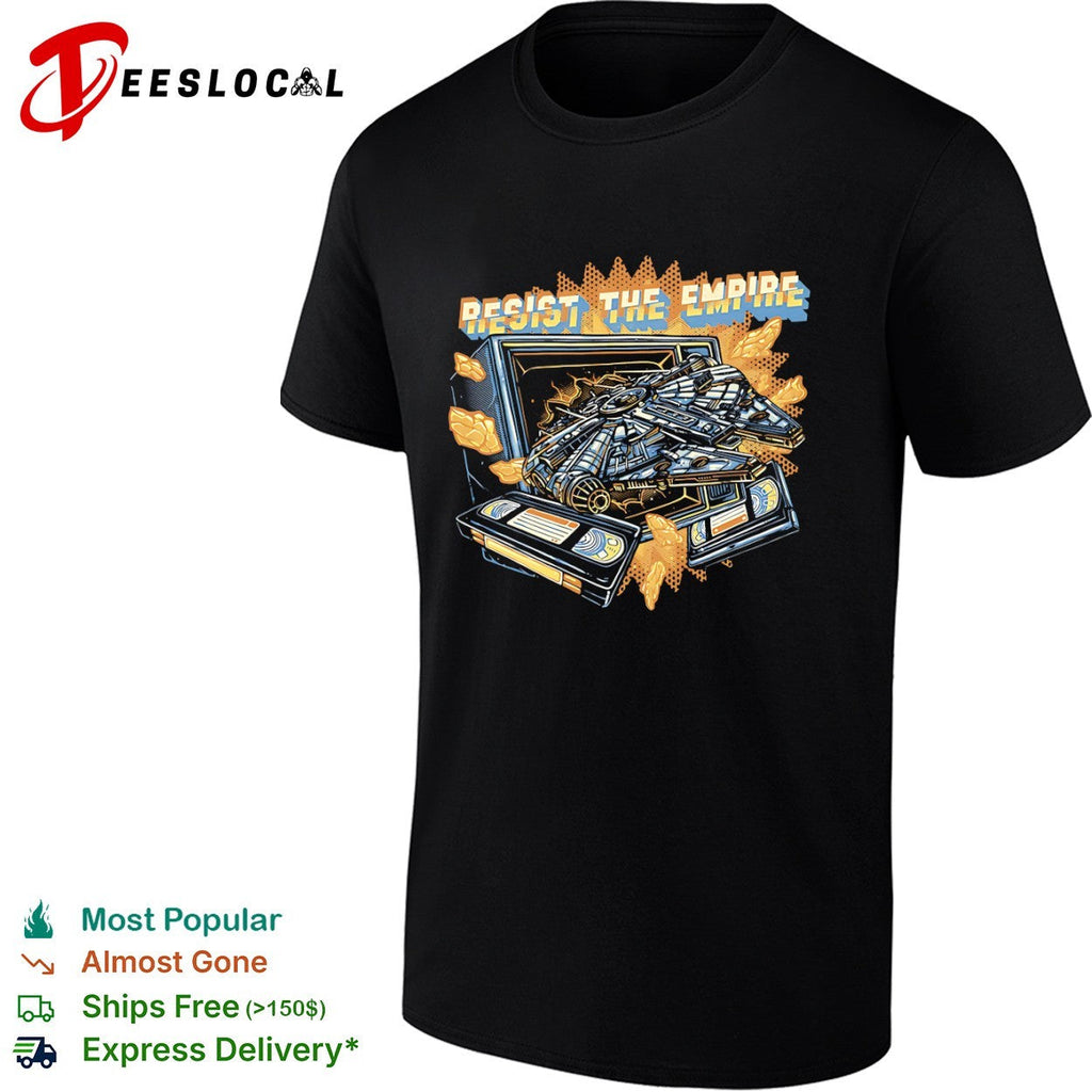 Resist the Empire the Millennium Falcon coming through a television alongside video tapes shirt