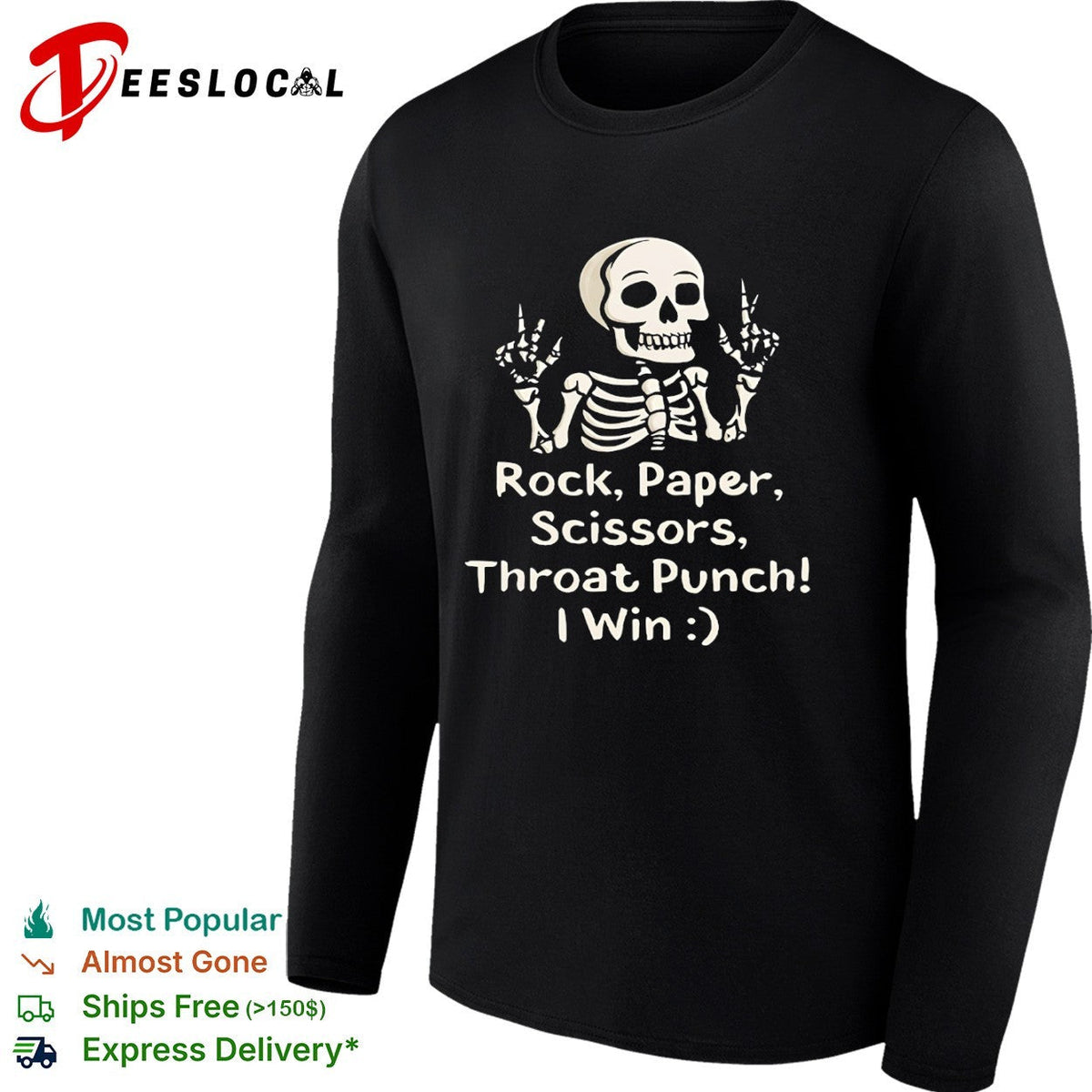Rock Paper Scissors Throat Punch I Win Skeleton Shirt Unisex