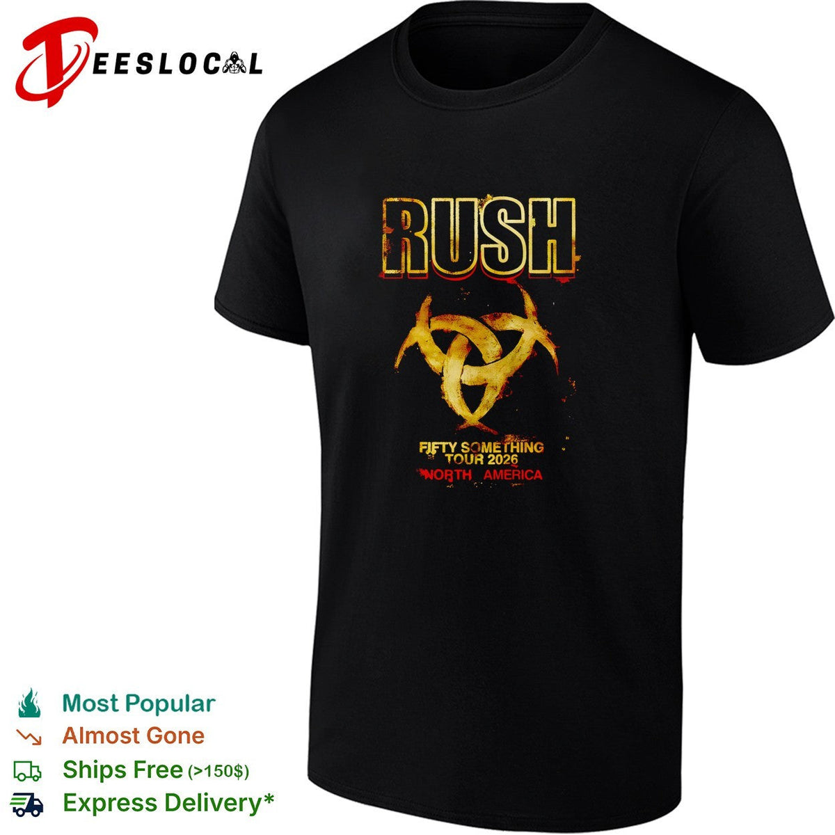 Rush Fifty Something Tour 2026 North America gold logo print graphic cotton shirt Unisex