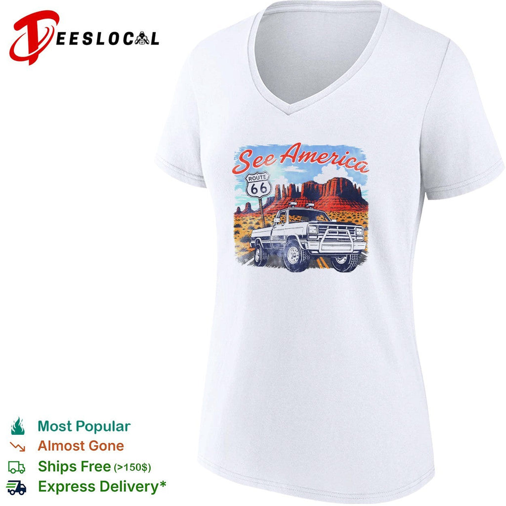 See America Route 66 desert pickup truck and red rocks vintage shirt Unisex