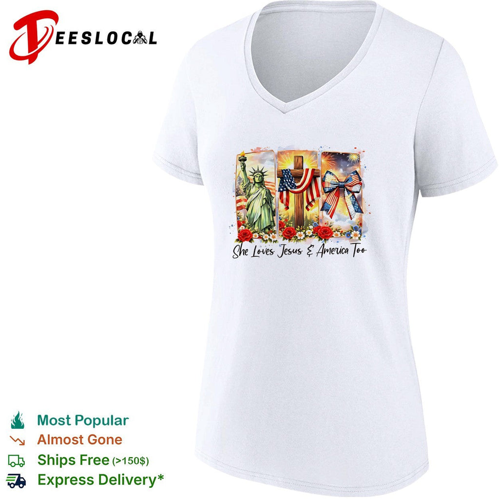 She loves Jesus and America too Statue of Liberty cross fireworks roses shirt Unisex