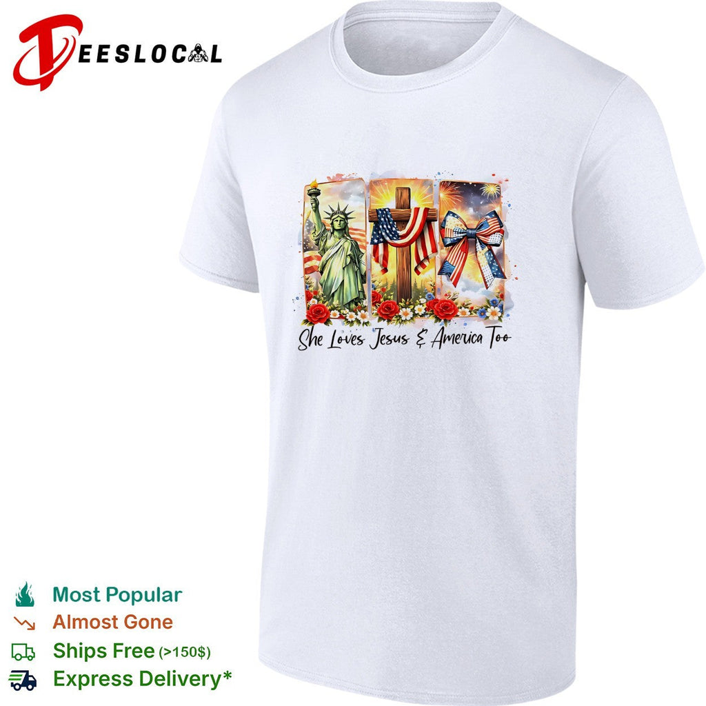 She loves Jesus and America too Statue of Liberty cross fireworks roses shirt Unisex
