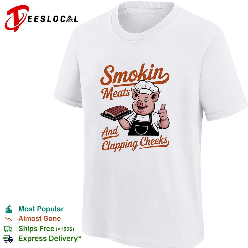 Smokin meats and clapping cheeks pig chef BBQ script lettering graphic shirt Unisex