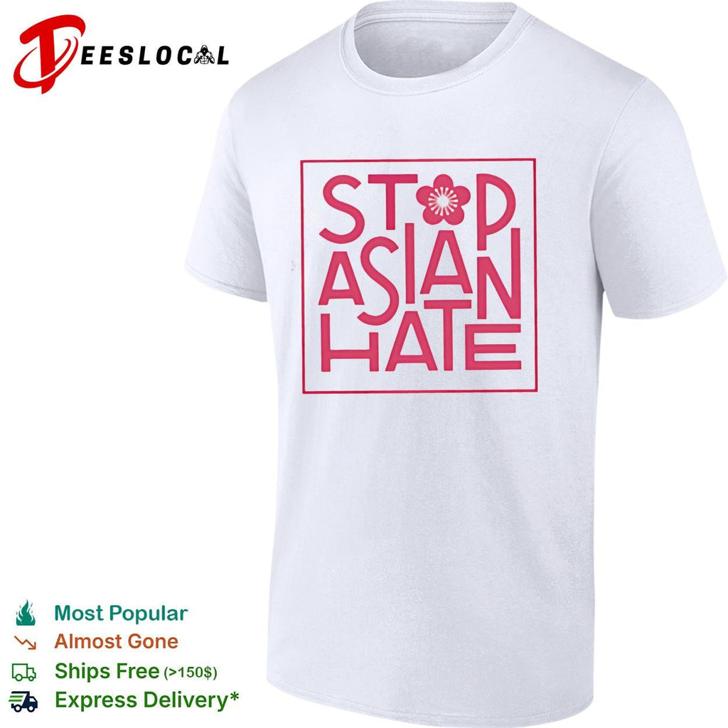 Stop Asian hate cherry blossom pink bold lettering square frame awareness shirt Unisex