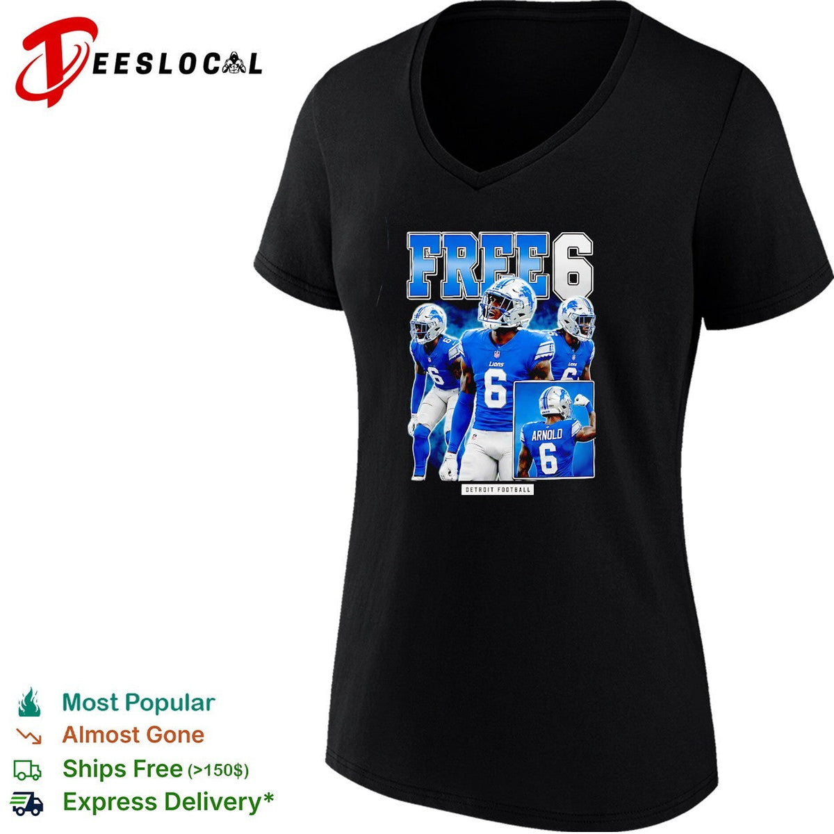 Terrion Arnold Detroit Lions number 6 free 6 football shirt Unisex