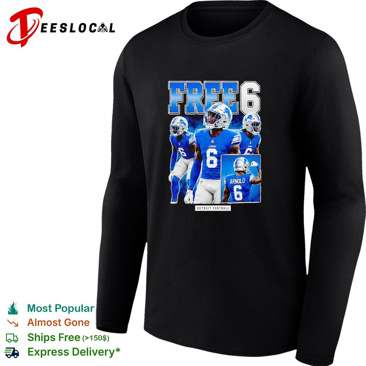Terrion Arnold Detroit Lions number 6 free 6 football shirt Unisex