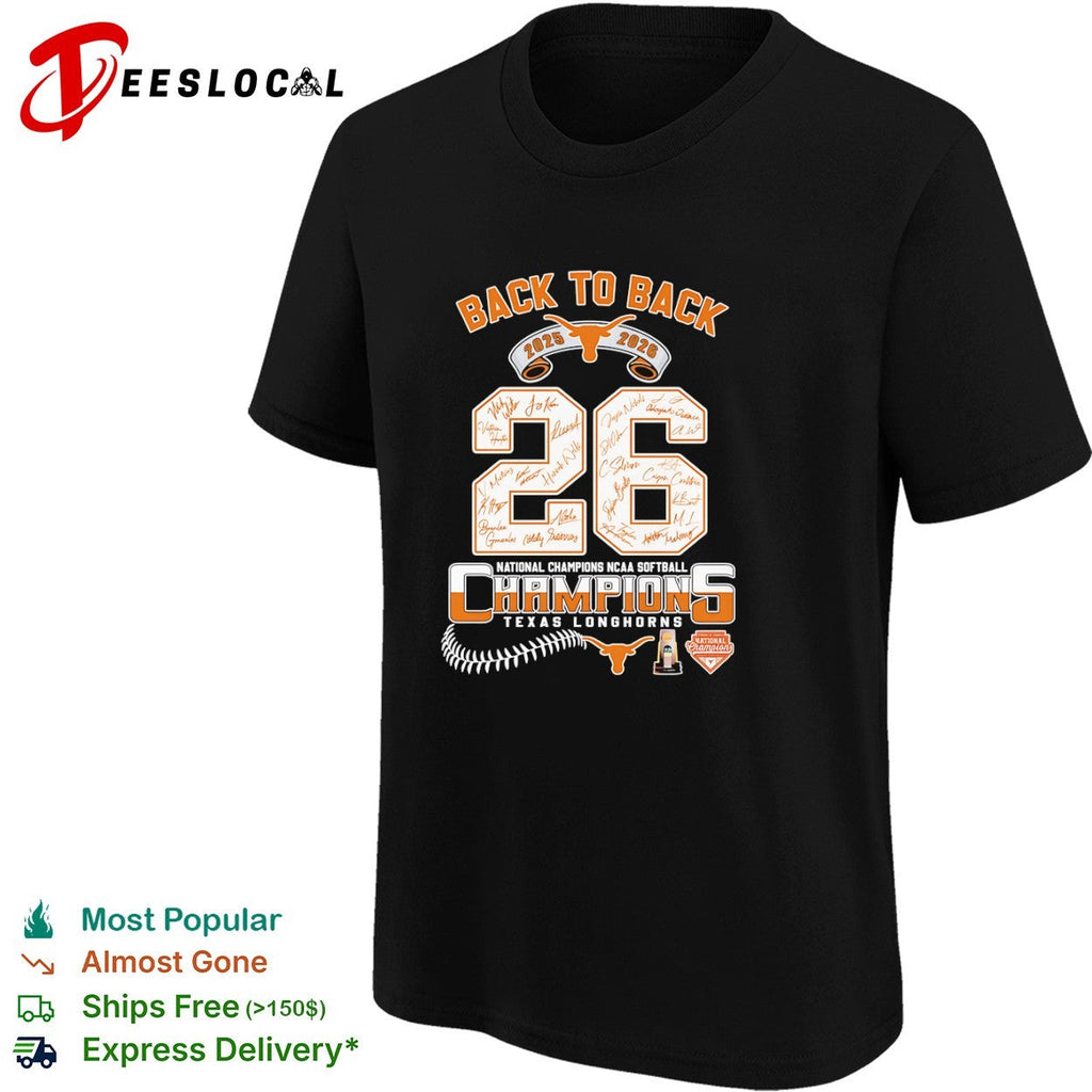 Texas Longhorns Back to Back 2025 2026 National Champions NCAA Softball Team shirt Unisex