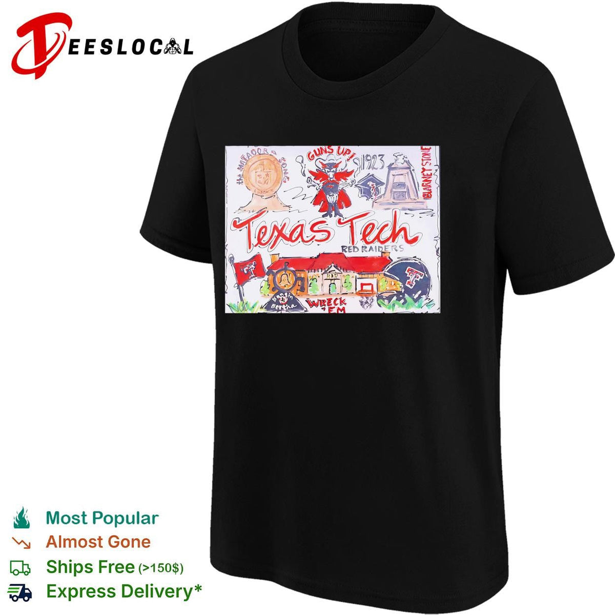 Texas Tech Red Raiders guns up hand drawn collage poster shirt Unisex