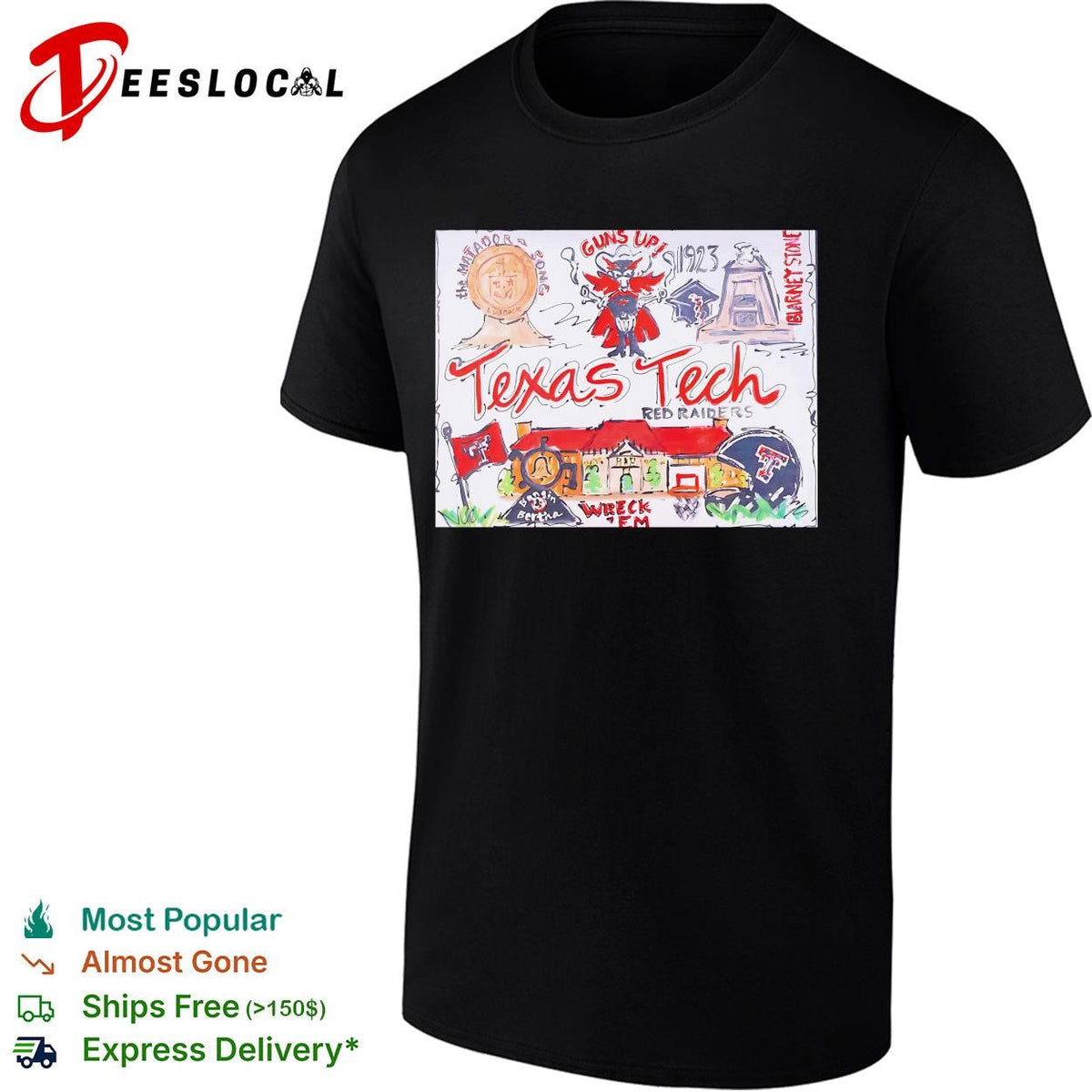Texas Tech Red Raiders guns up hand drawn collage poster shirt Unisex