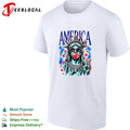 The Statue of Liberty is chewing gum and wearing sunglasses with an American flag design shirt