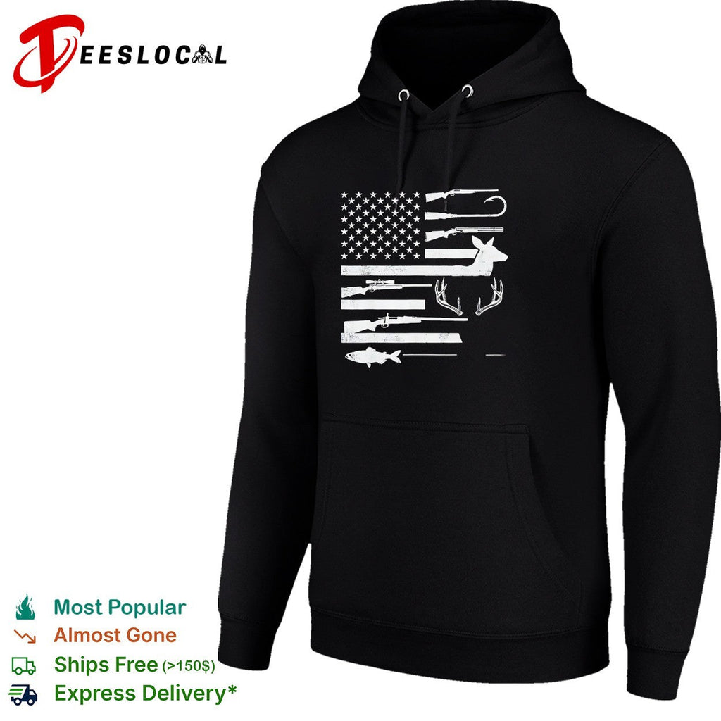 USA flag hunting fishing rifle fish hook deer antlers silhouette patriotic shirt Unisex