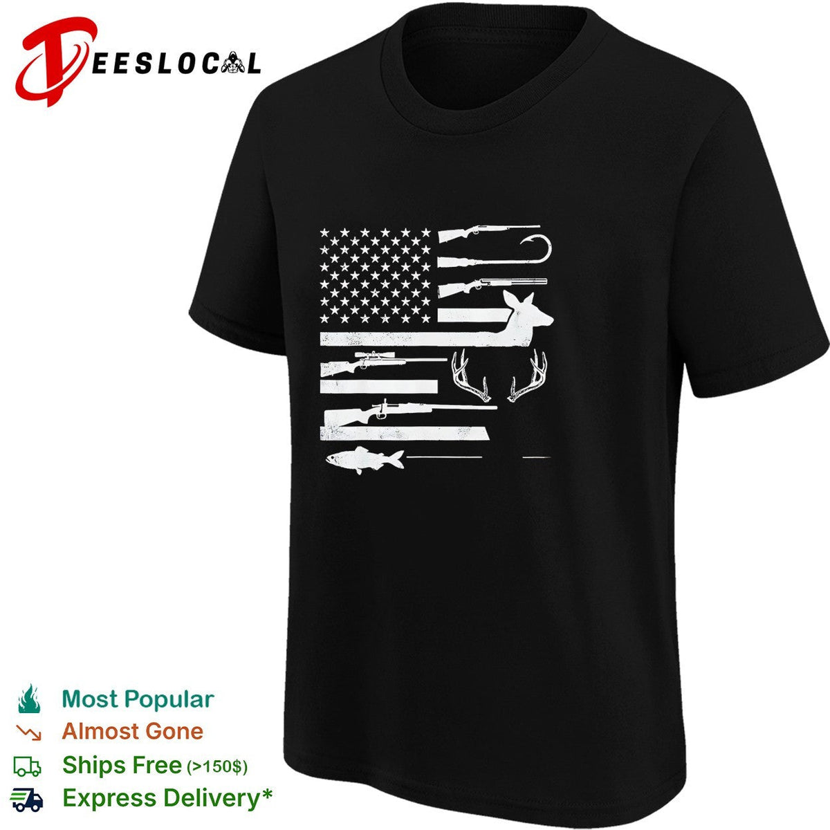 USA flag hunting fishing rifle fish hook deer antlers silhouette patriotic shirt Unisex
