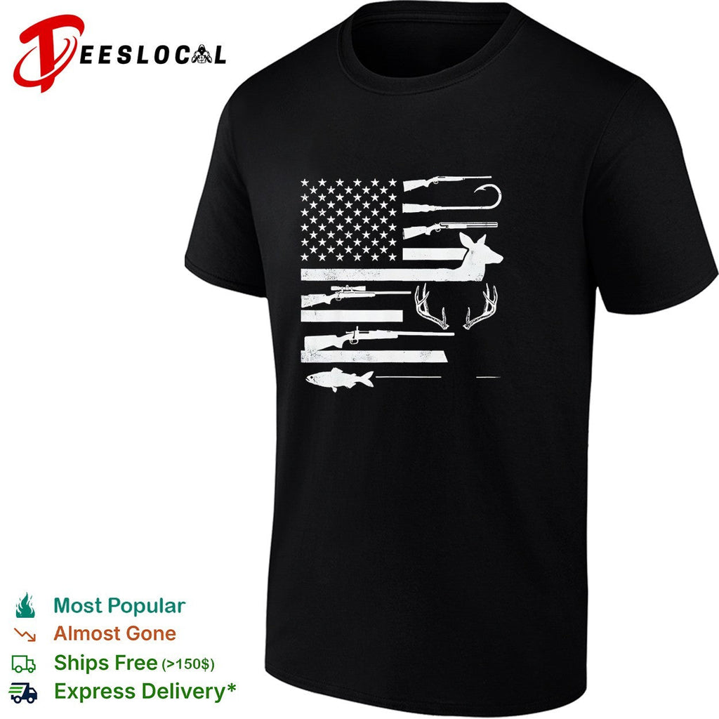 USA flag hunting fishing rifle fish hook deer antlers silhouette patriotic shirt Unisex