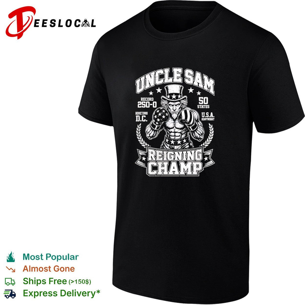 Uncle Sam reigning champ 250 0 50 states boxing graphic shirt Unisex