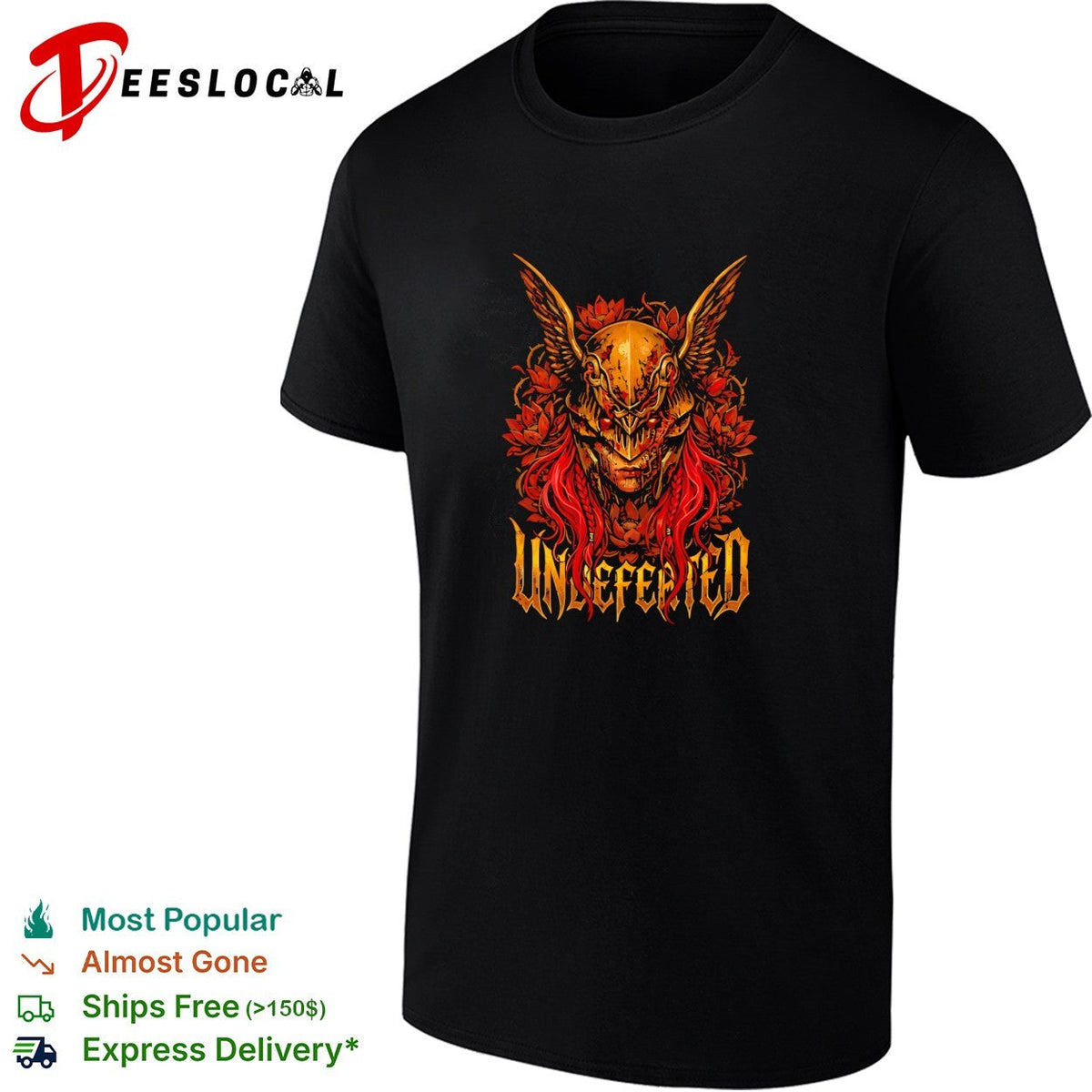Undefeated demon skull with wings and red roses dark fantasy illustration graphic shirt Unisex