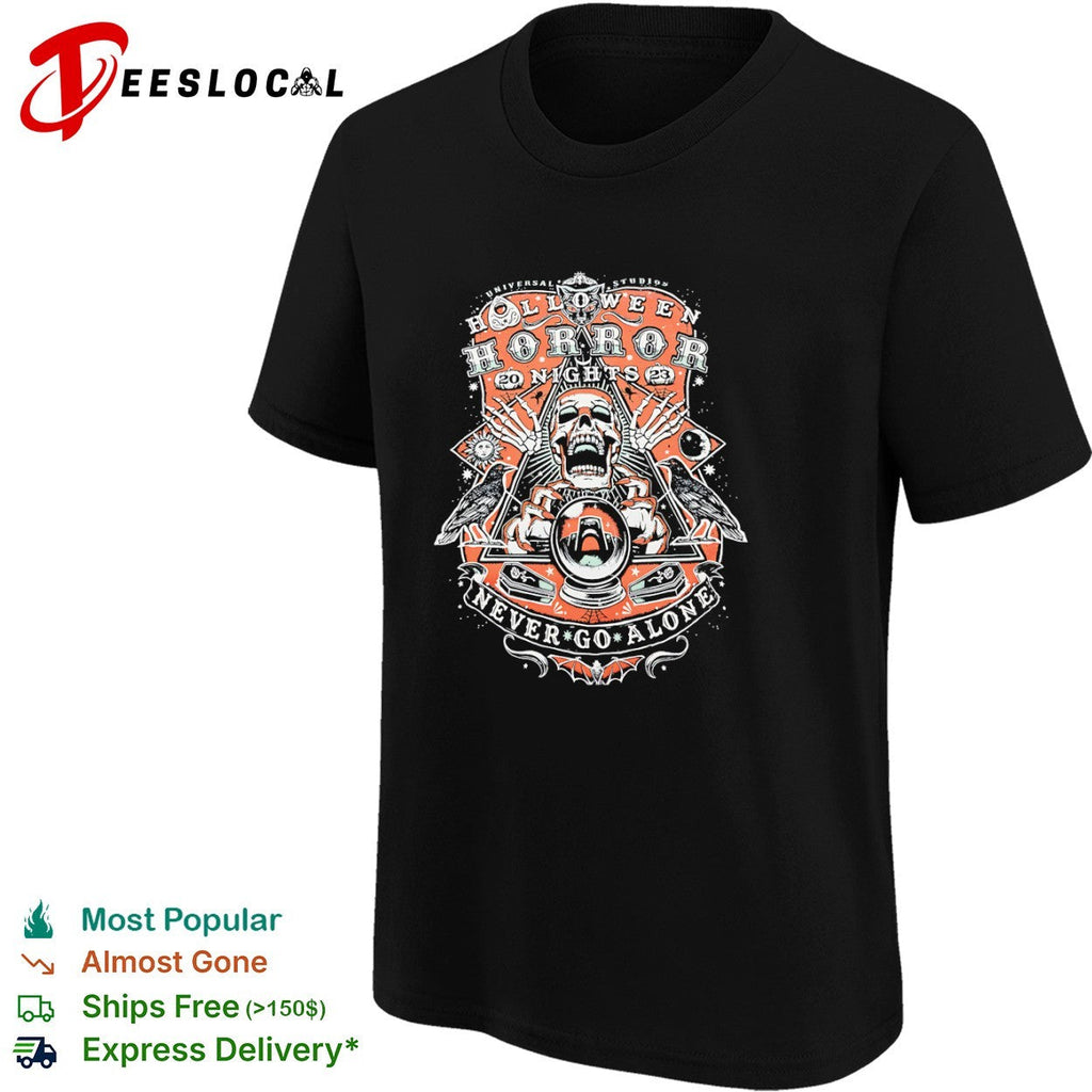 Universal Studios Halloween Horror Nights 20 23 Never Go Alone Skull Raven shirt Unisex