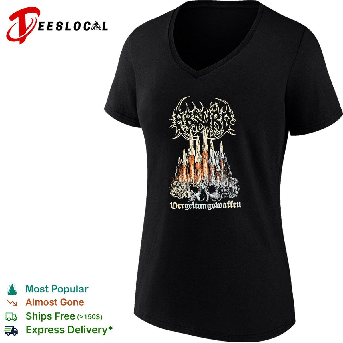 Vergeltungswaffen V2 Rocket Skull Metal Band Logo Black Heavy Metal Concert shirt Unisex