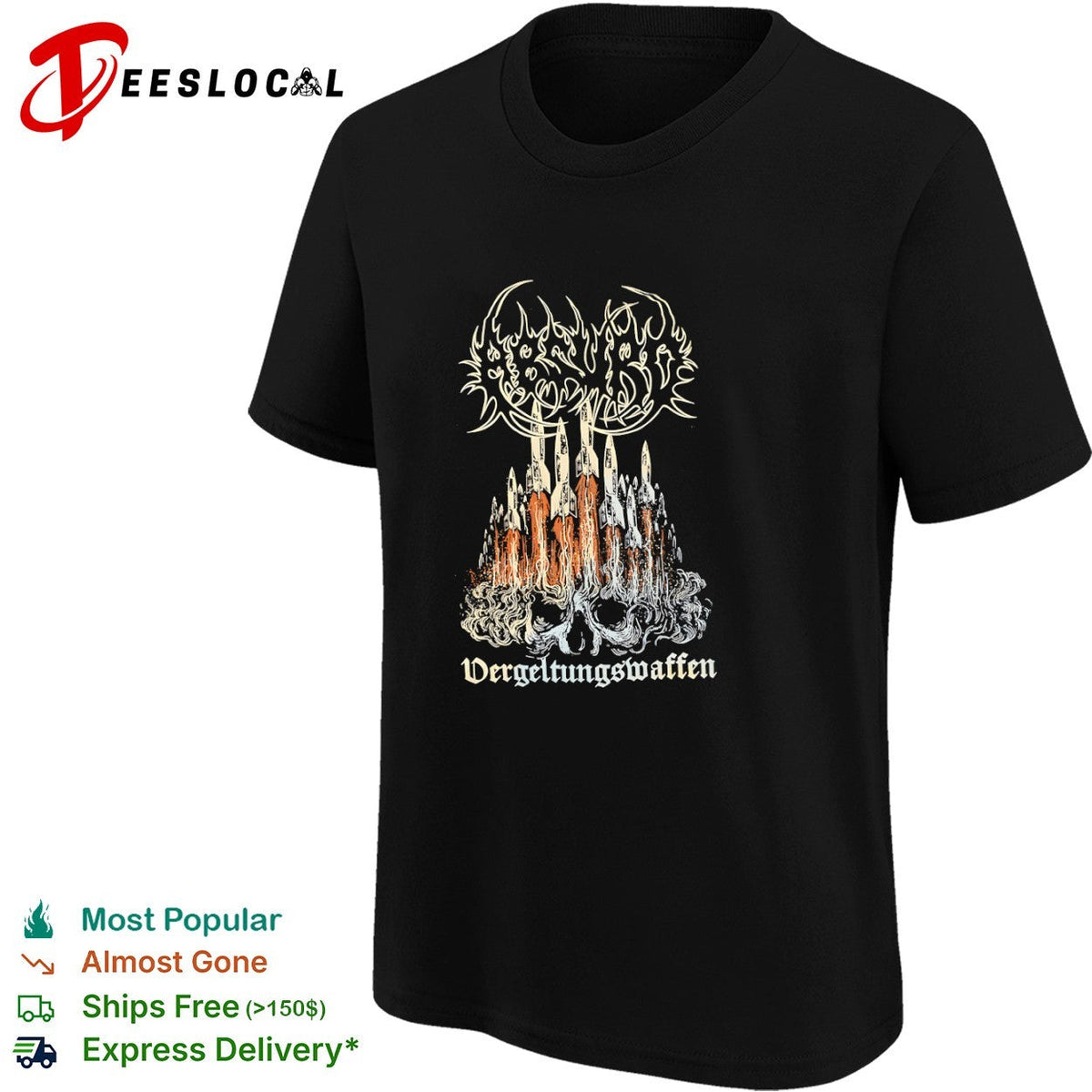 Vergeltungswaffen V2 Rocket Skull Metal Band Logo Black Heavy Metal Concert shirt Unisex