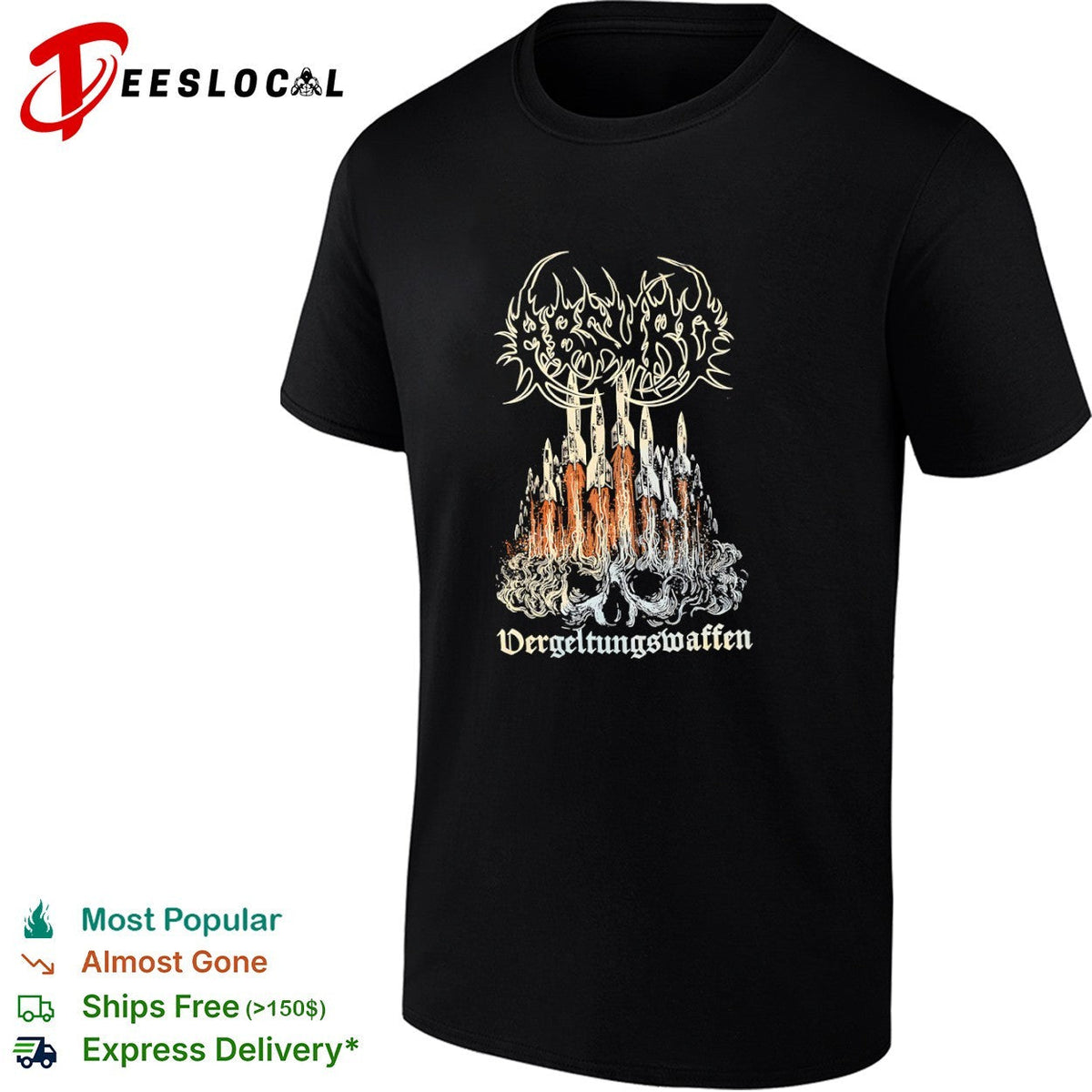 Vergeltungswaffen V2 Rocket Skull Metal Band Logo Black Heavy Metal Concert shirt Unisex